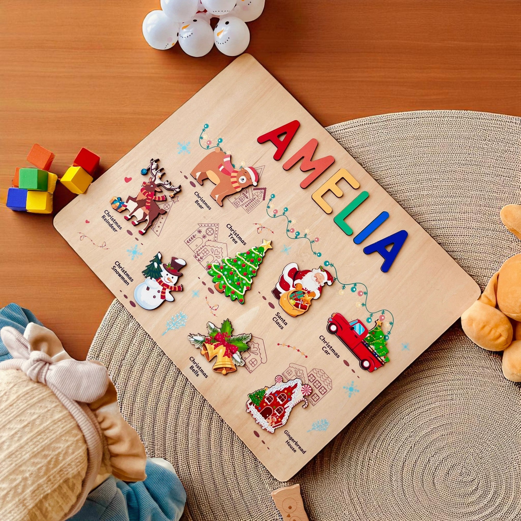 Personalized Wooden Christmas Name Puzzle for Kids – Custom Holiday Educational Gift with Santa, Reindeer & Snowman