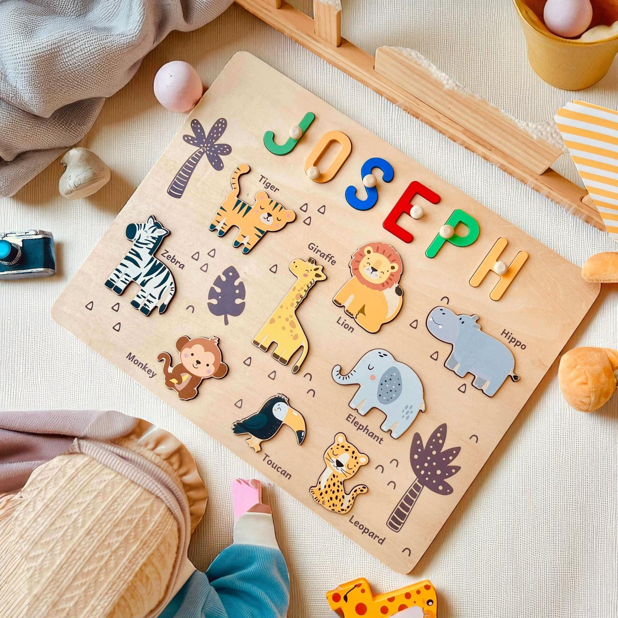 Personalized Wooden Jungle Animal Name Puzzle for Kids – Custom Educational Toy with Lions, Elephants & Giraffes