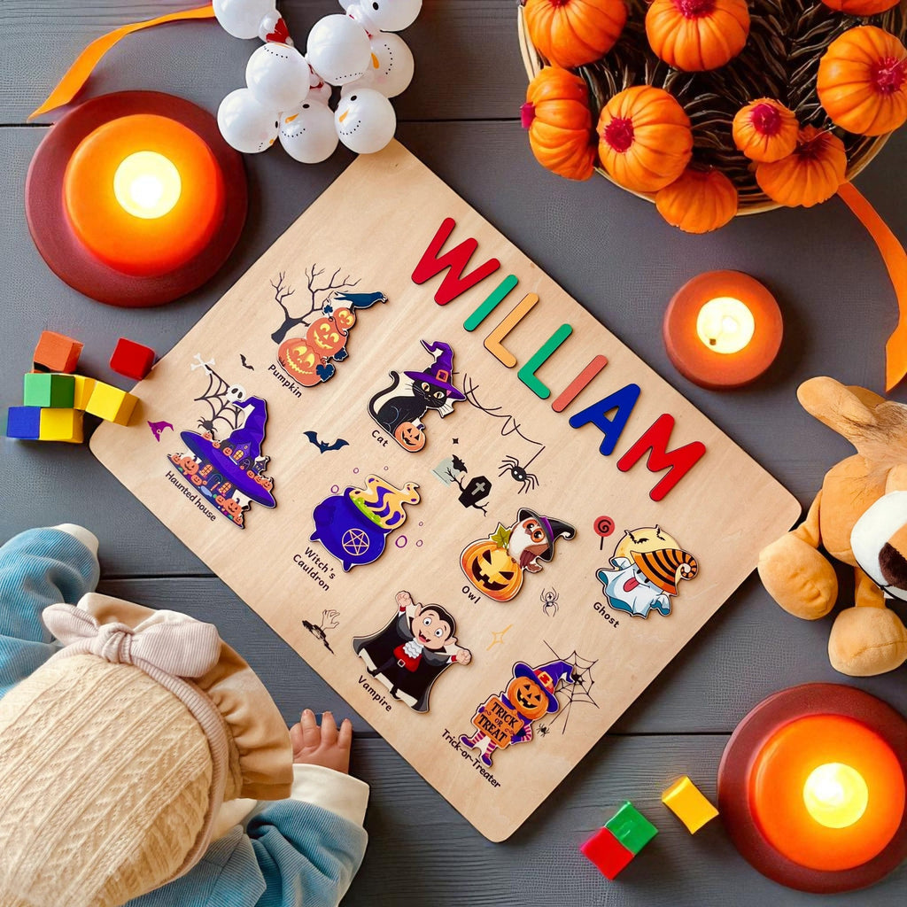 Personalized Wooden Halloween Name Puzzle for Kids – Custom Spooky Gift with Pumpkins, Ghosts & Bats