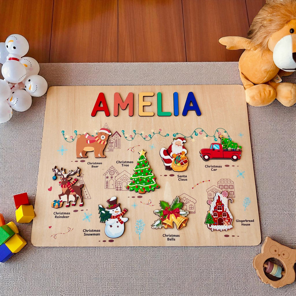 Personalized Wooden Christmas Name Puzzle for Kids – Custom Holiday Educational Gift with Santa, Reindeer & Snowman