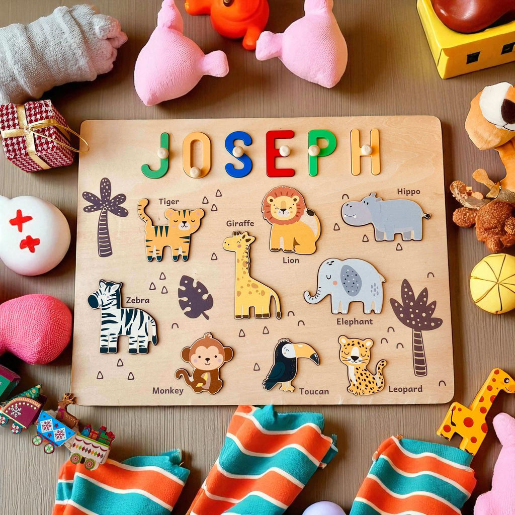 Personalized Wooden Jungle Animal Name Puzzle for Kids – Custom Educational Toy with Lions, Elephants & Giraffes