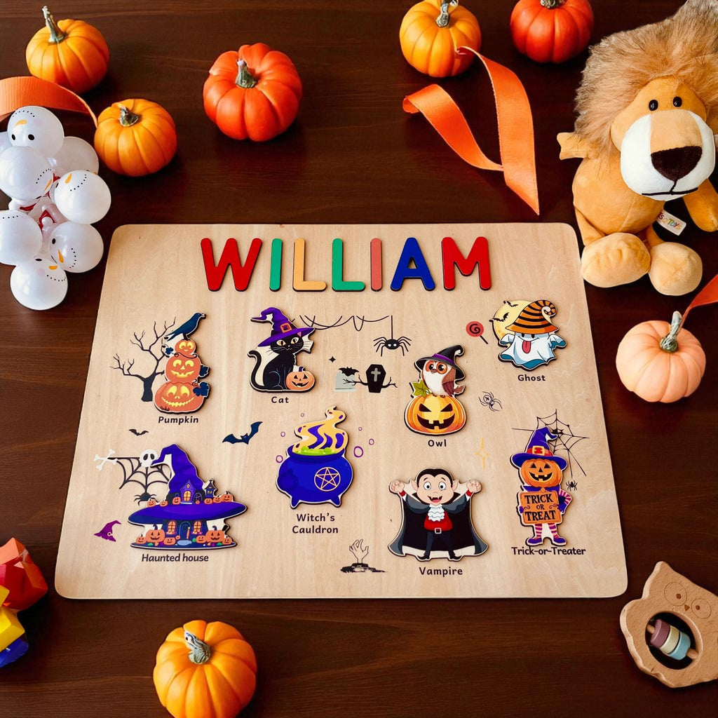 Personalized Wooden Halloween Name Puzzle for Kids – Custom Spooky Gift with Pumpkins, Ghosts & Bats