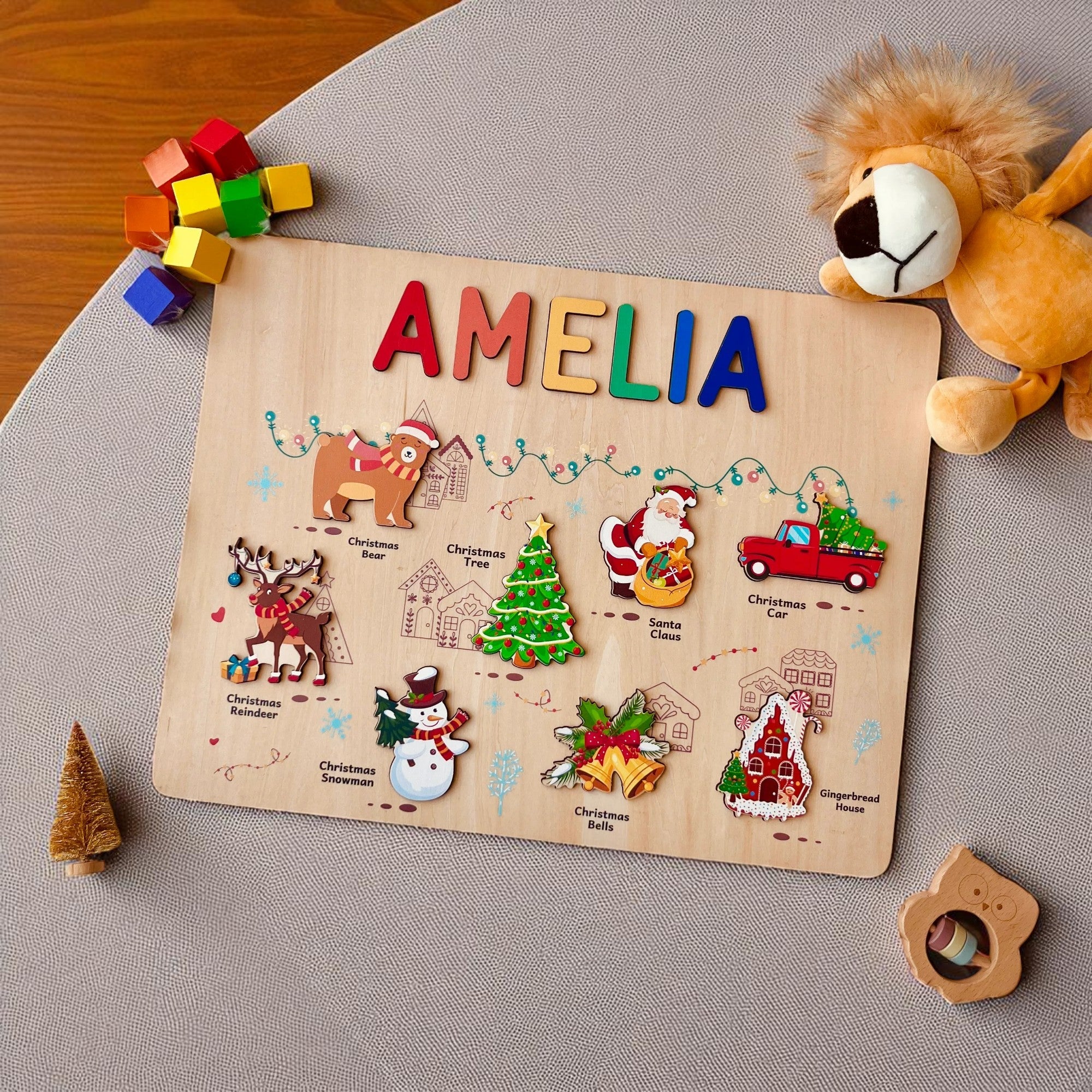 Personalized Wooden Christmas Name Puzzle for Kids – Custom Holiday Educational Gift with Santa, Reindeer & Snowman