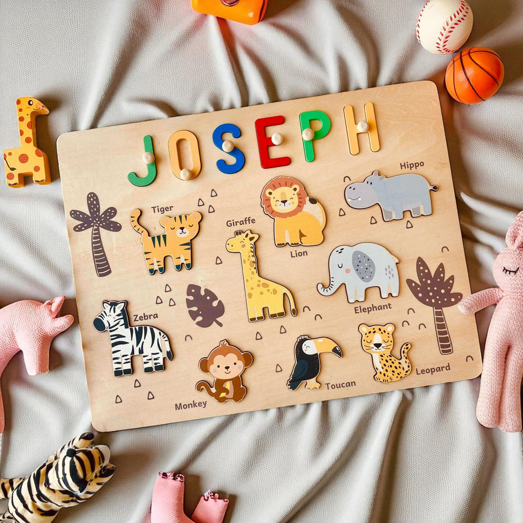 Personalized Wooden Jungle Animal Name Puzzle for Kids – Custom Educational Toy with Lions, Elephants & Giraffes