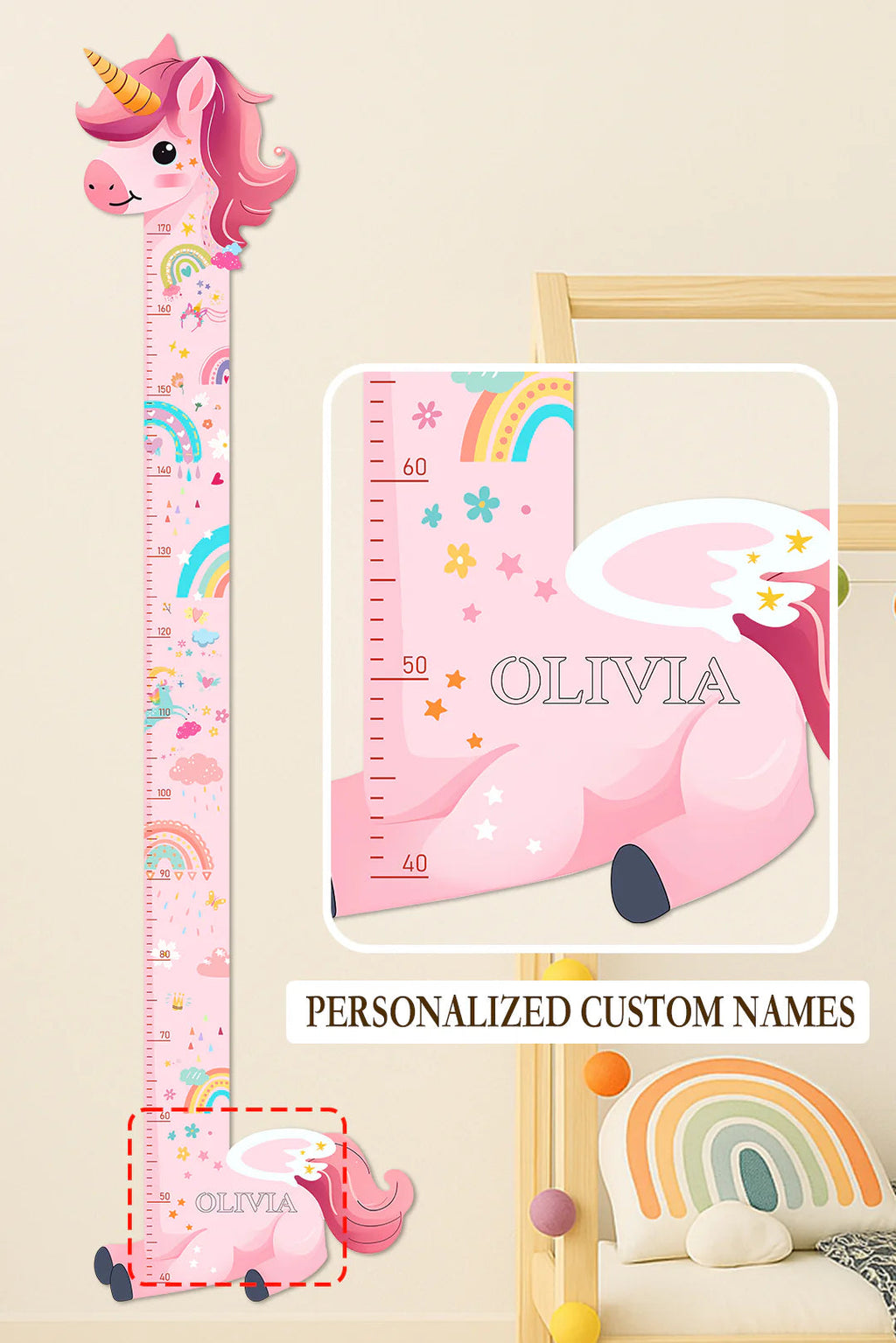 Personalized Wooden Unicorn Height Growth Chart for Girls