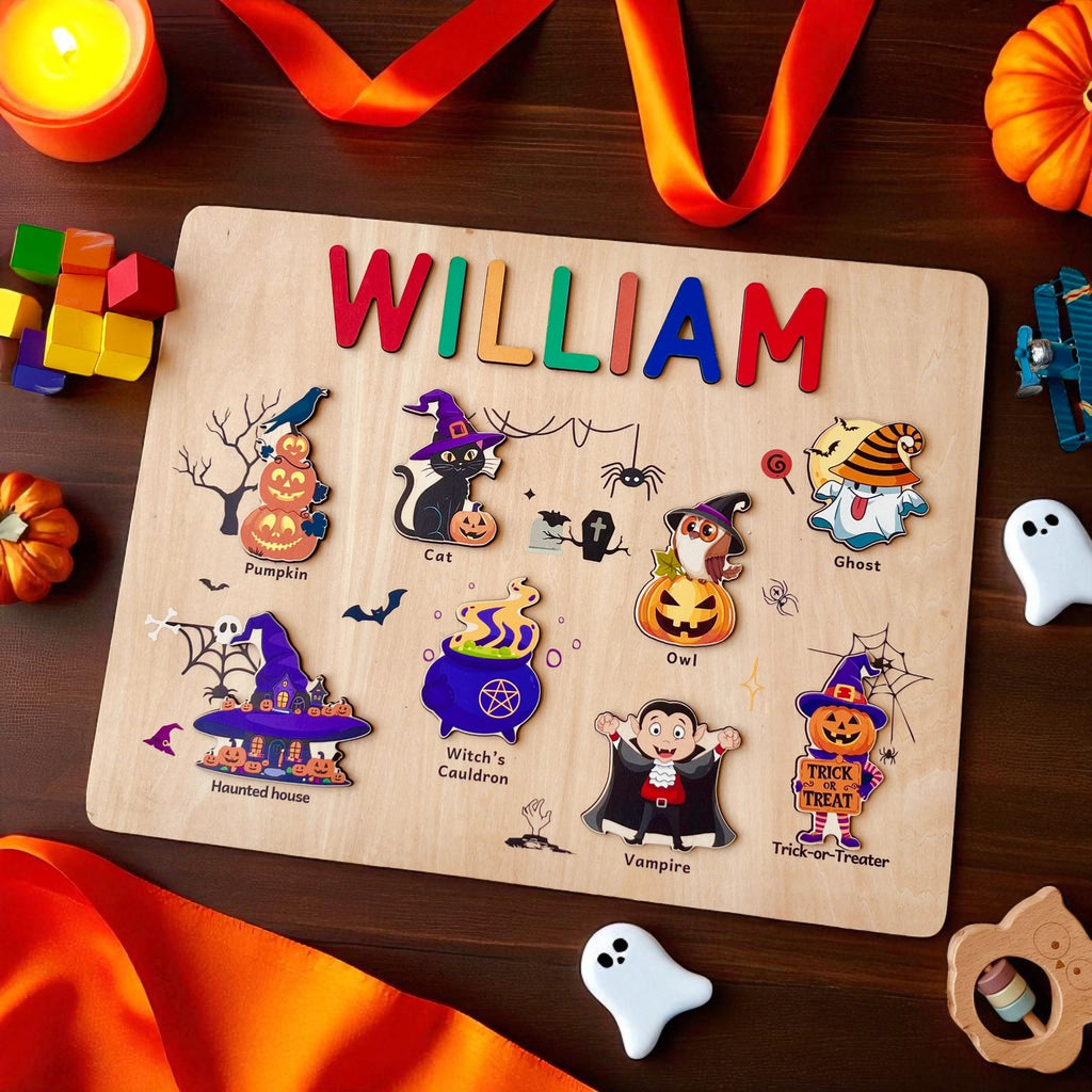 Personalized Wooden Halloween Name Puzzle for Kids – Custom Spooky Gift with Pumpkins, Ghosts & Bats