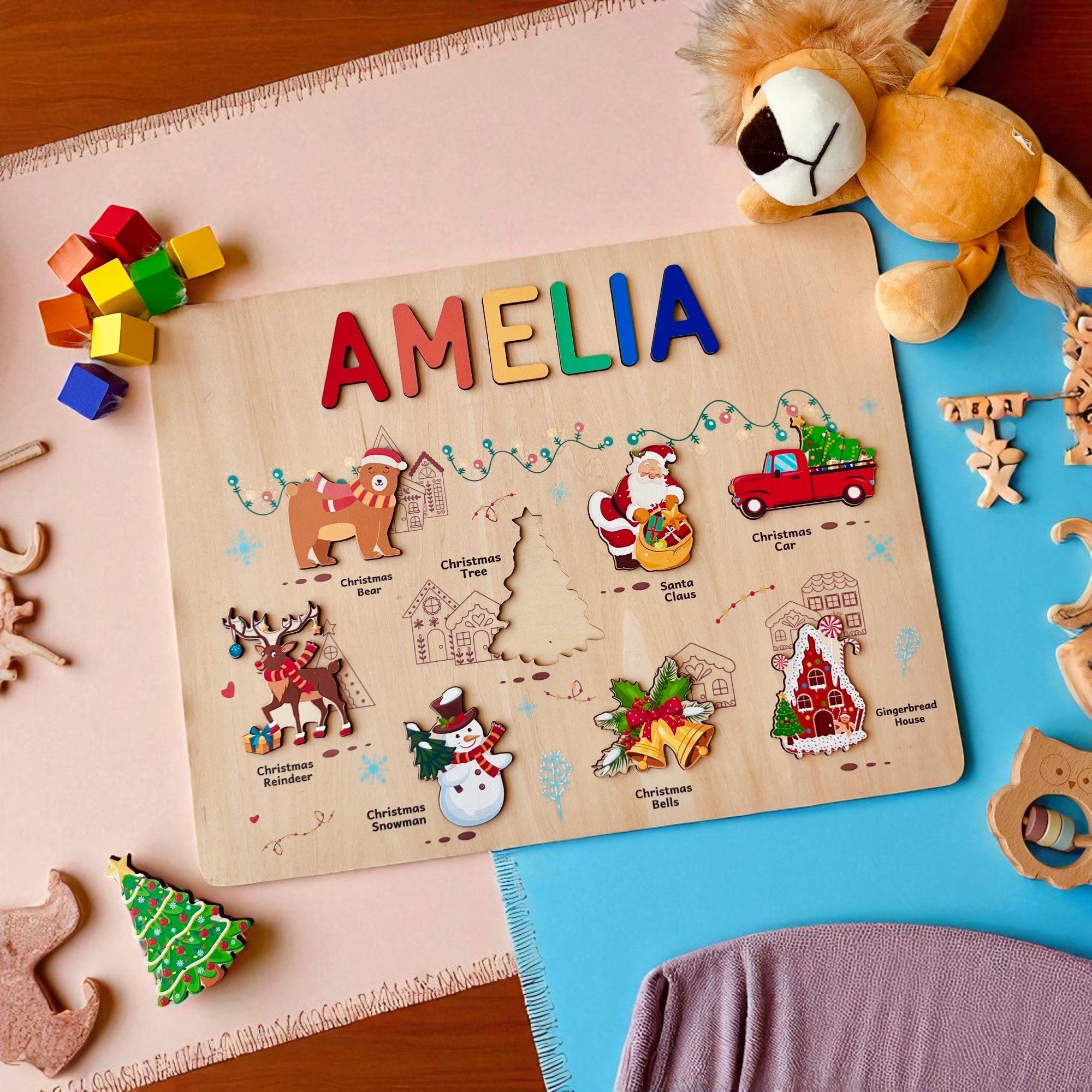 Personalized Wooden Christmas Name Puzzle for Kids – Custom Holiday Educational Gift with Santa, Reindeer & Snowman