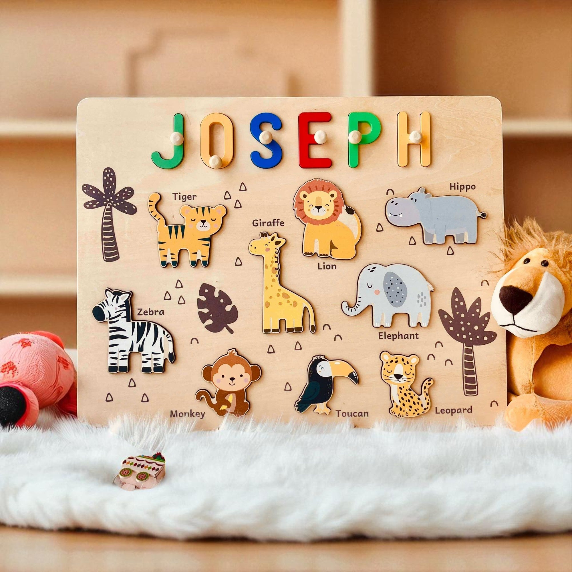 Personalized Wooden Jungle Animal Name Puzzle for Kids – Custom Educational Toy with Lions, Elephants & Giraffes