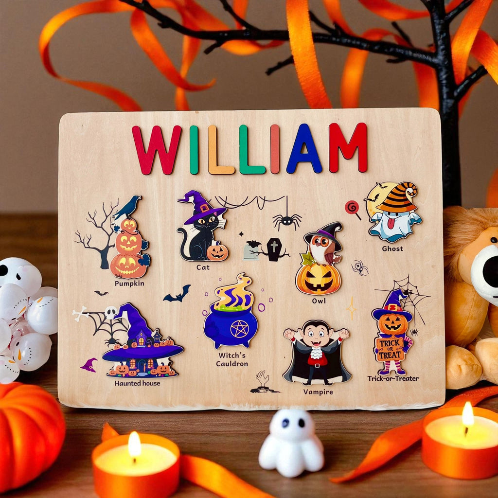 Personalized Wooden Halloween Name Puzzle for Kids – Custom Spooky Gift with Pumpkins, Ghosts & Bats