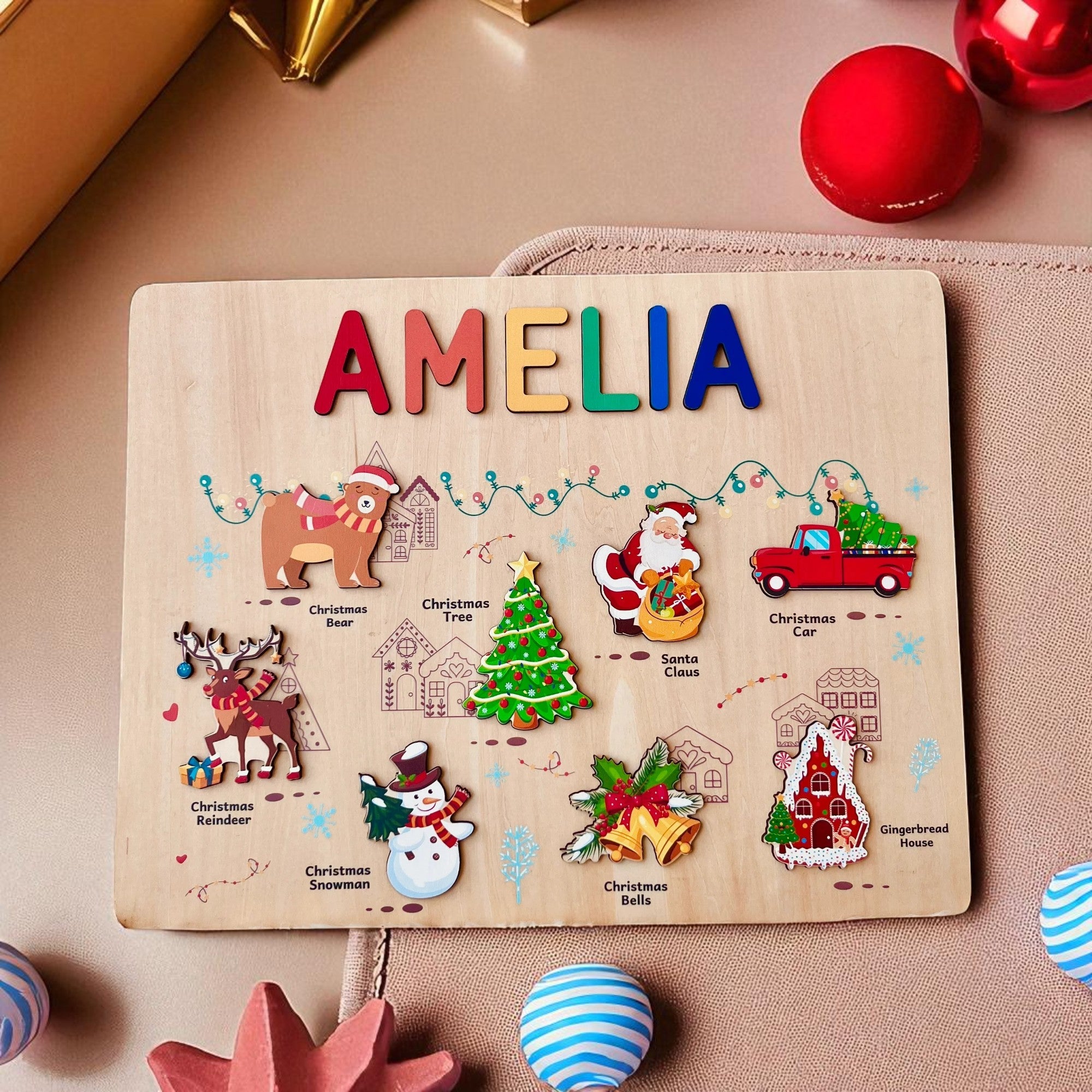 Personalized Wooden Christmas Name Puzzle for Kids – Custom Holiday Educational Gift with Santa, Reindeer & Snowman