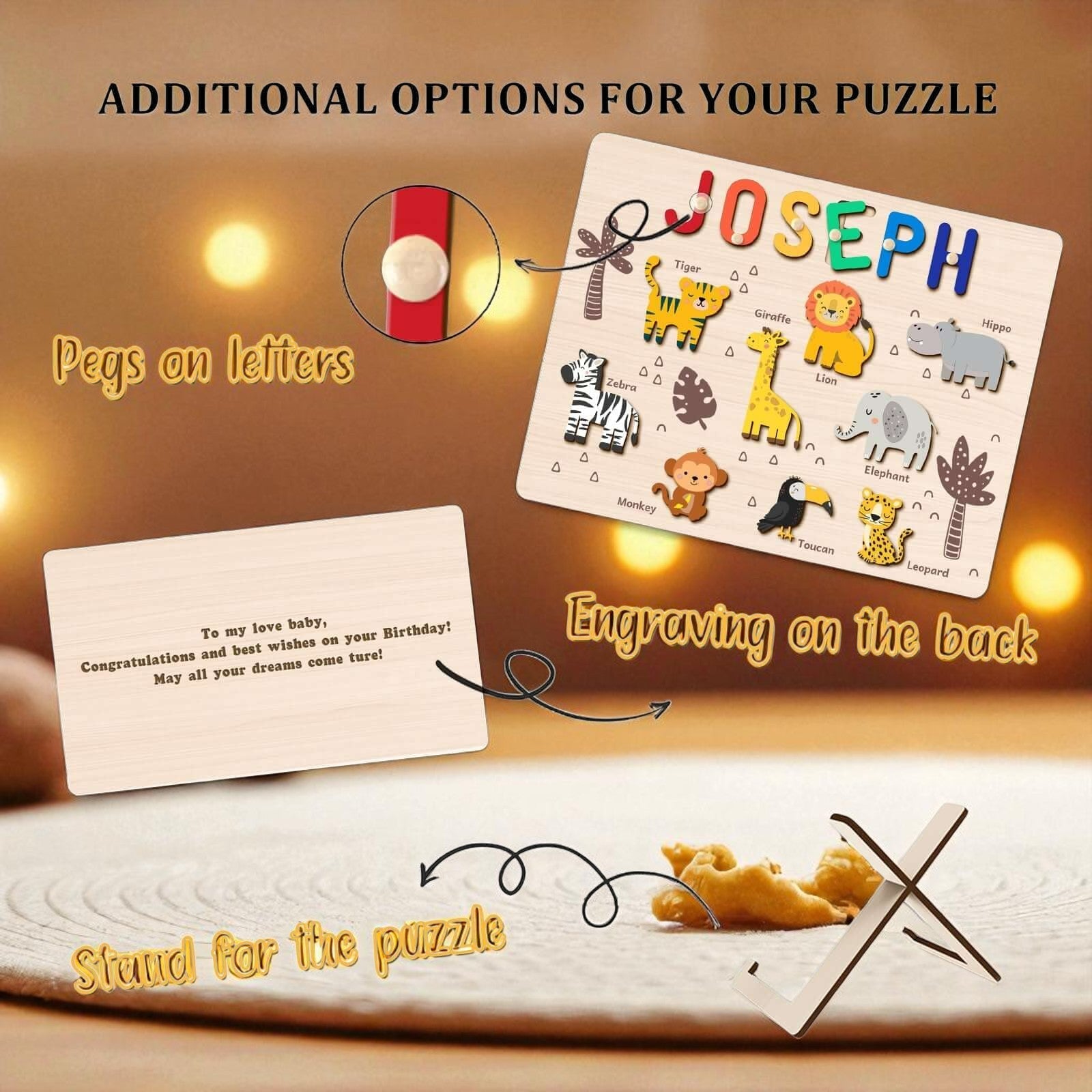 Personalized Wooden Jungle Animal Name Puzzle for Kids – Custom Educational Toy with Lions, Elephants & Giraffes