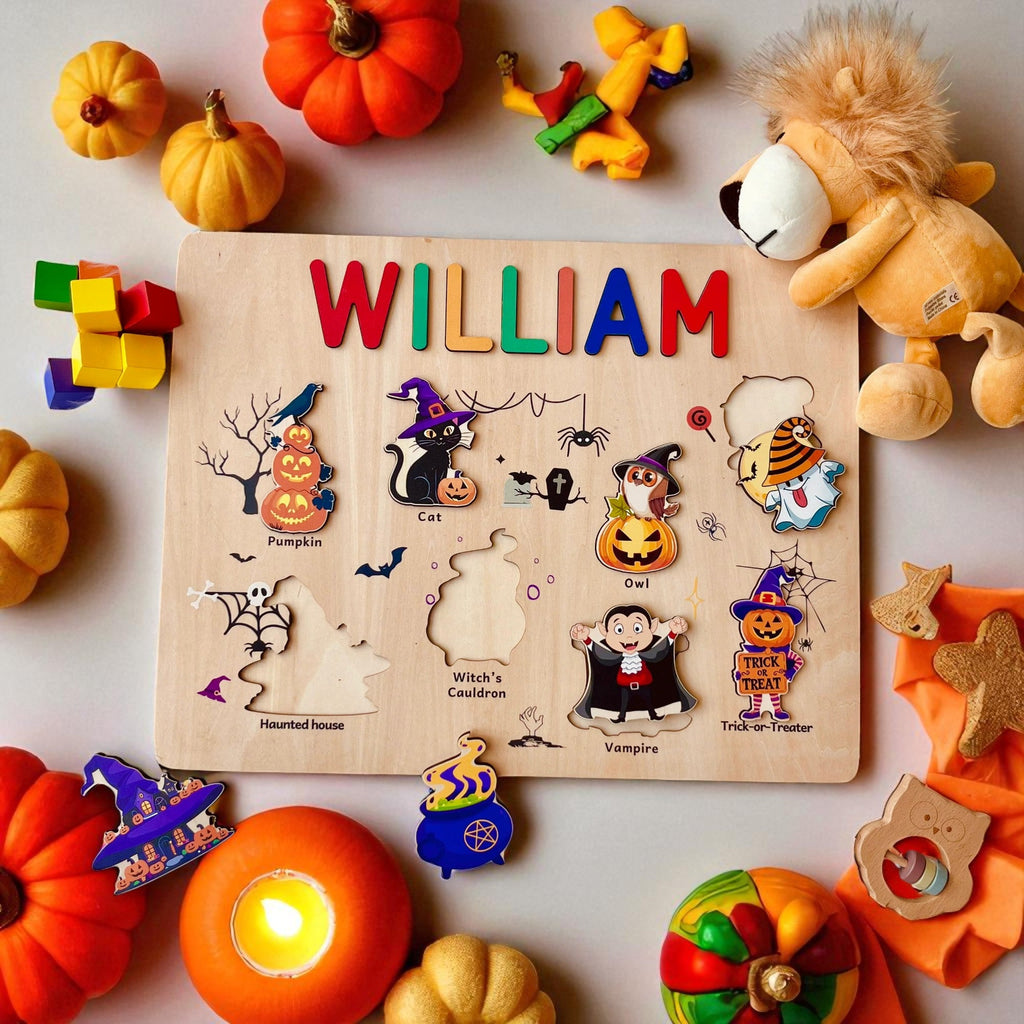 Personalized Wooden Halloween Name Puzzle for Kids – Custom Spooky Gift with Pumpkins, Ghosts & Bats