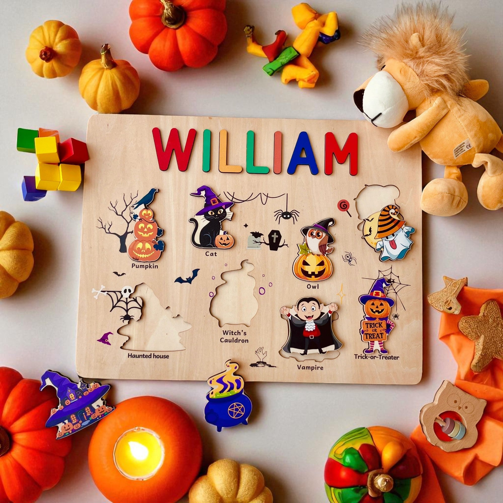 Personalized Wooden Halloween Name Puzzle for Kids – Custom Spooky Gift with Pumpkins, Ghosts & Bats