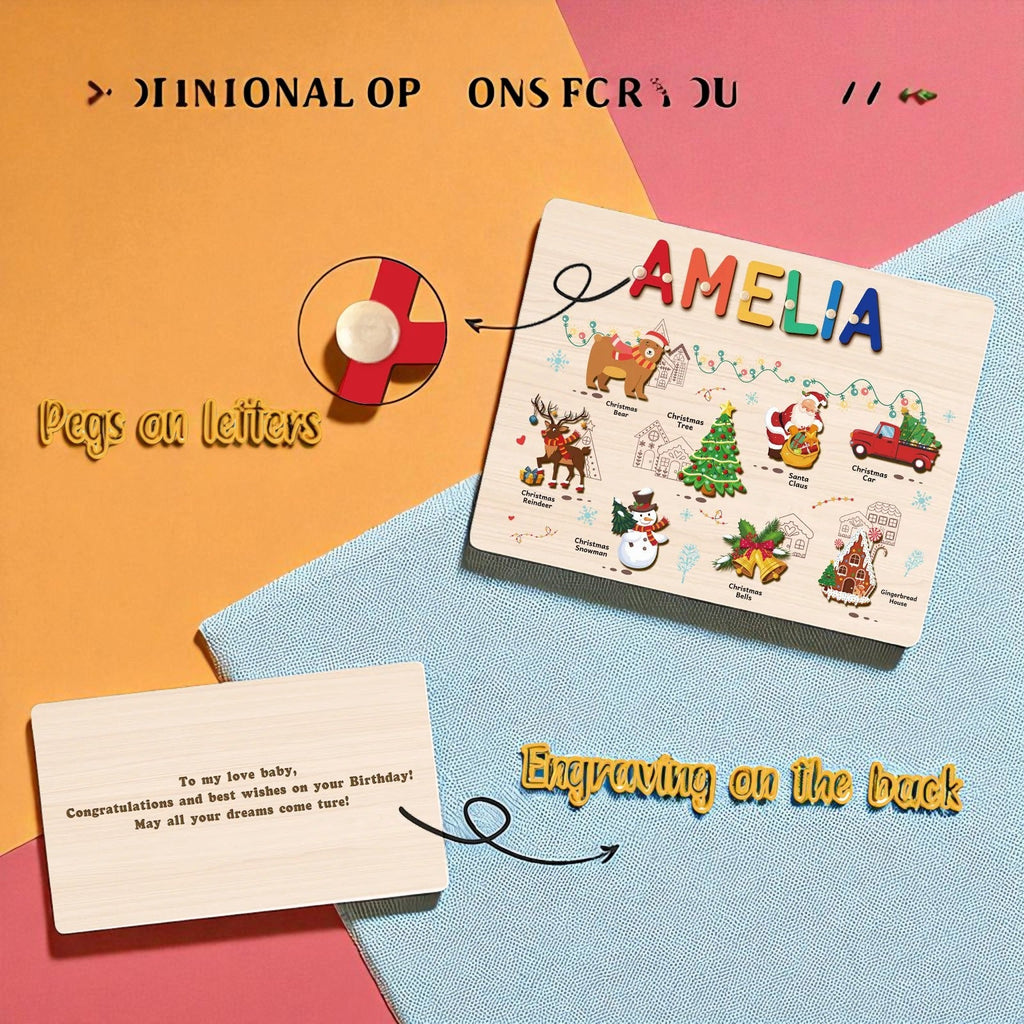 Personalized Wooden Christmas Name Puzzle for Kids – Custom Holiday Educational Gift with Santa, Reindeer & Snowman