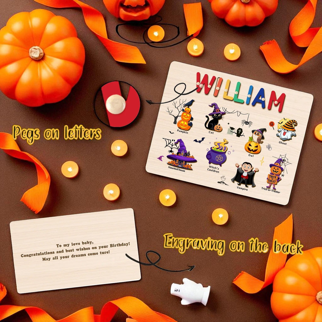 Personalized Wooden Halloween Name Puzzle for Kids – Custom Spooky Gift with Pumpkins, Ghosts & Bats