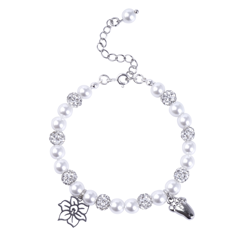 Personalized Birthday Flower & Foot Pearl Bracelet – Baby Name Gift