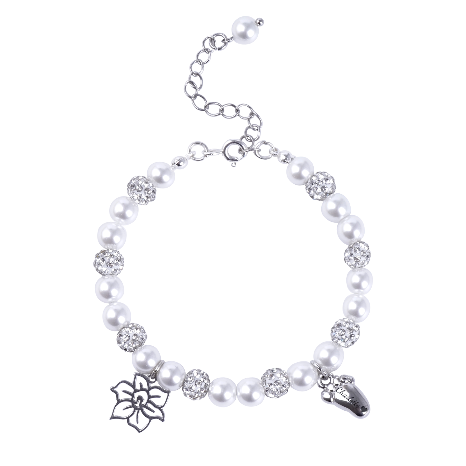 Personalized Birthday Flower & Foot Pearl Bracelet – Baby Name Gift