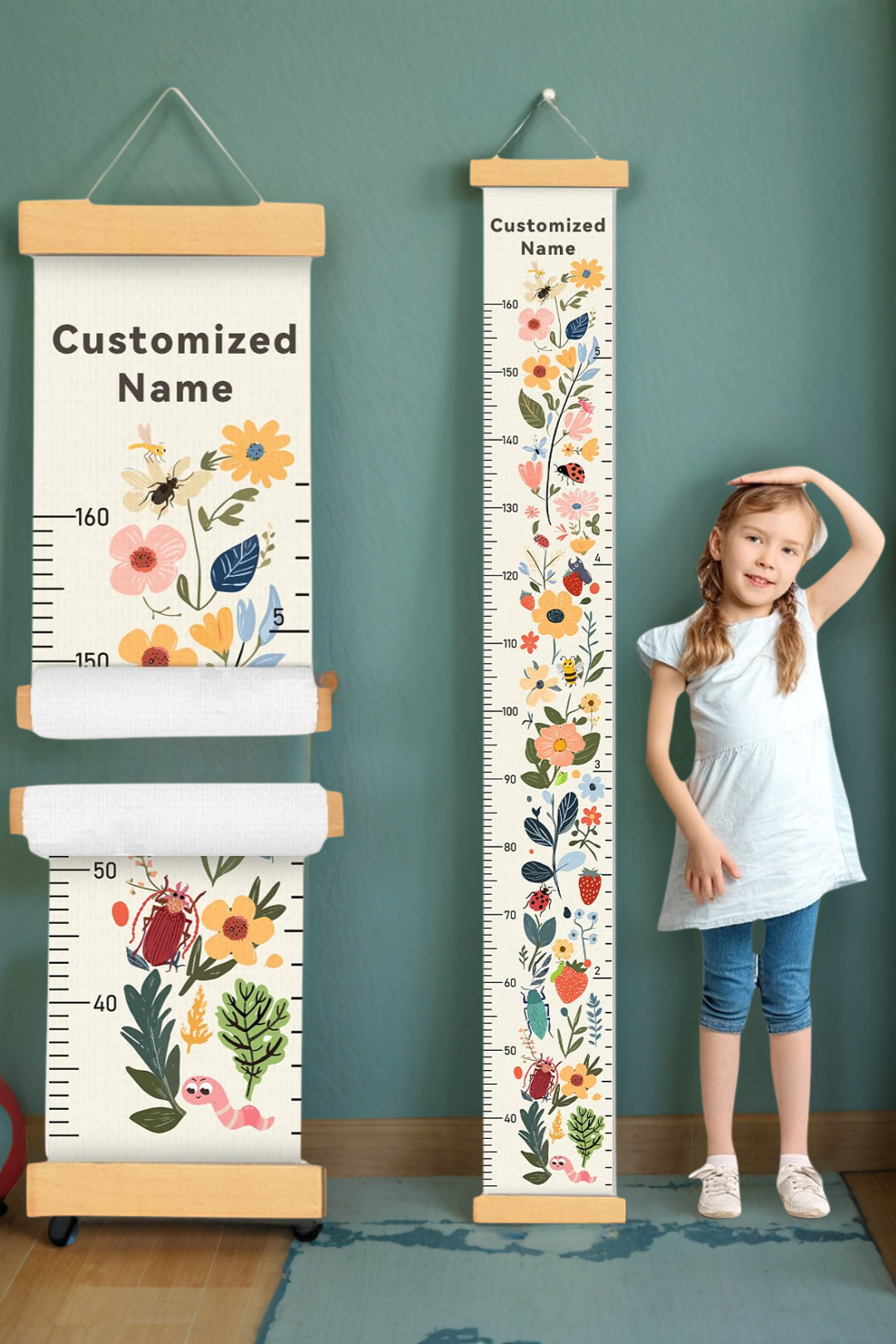 Personalized Floral Garden Hanging Canvas Height Ruler