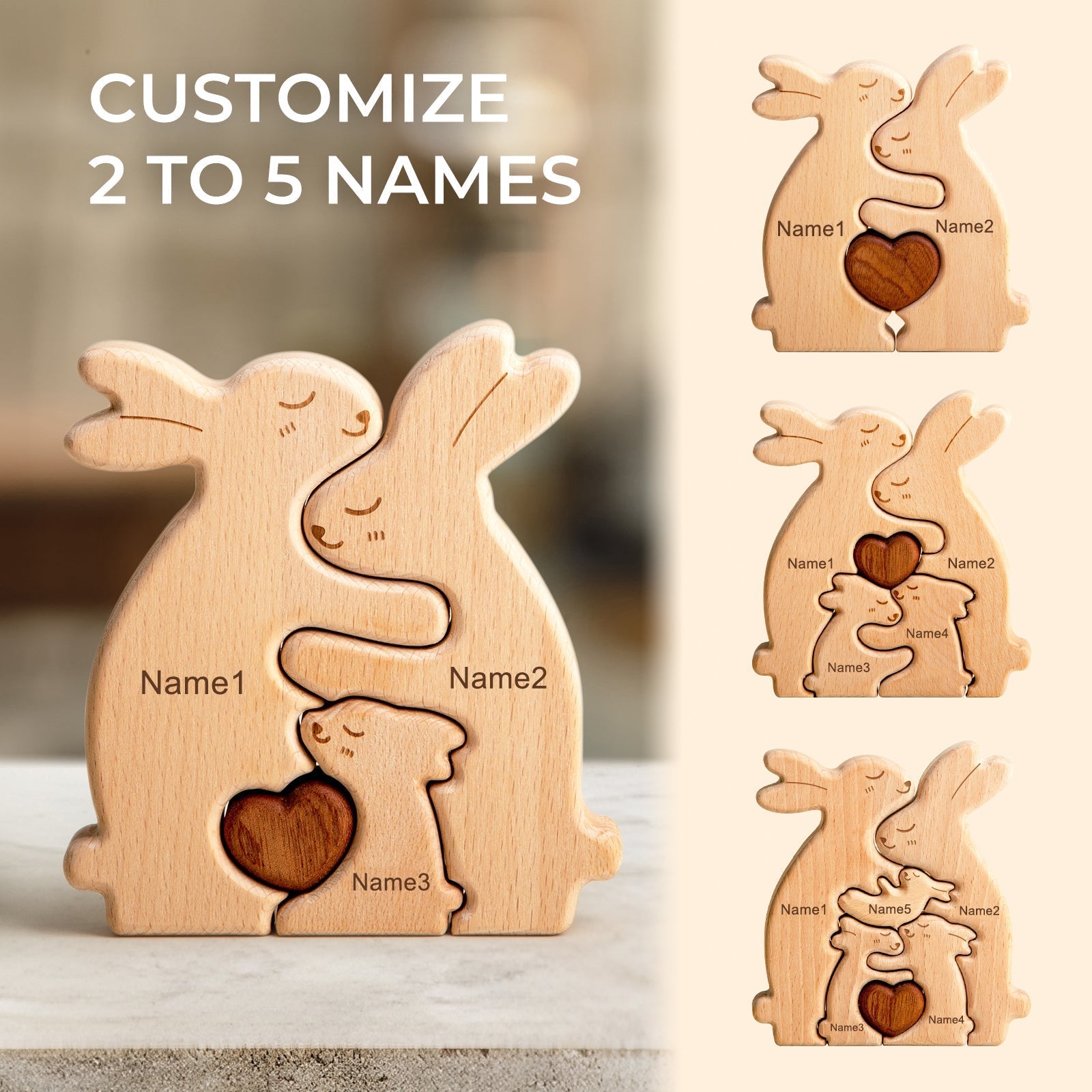 Personalized Wooden Rabbit Family Puzzle Decor