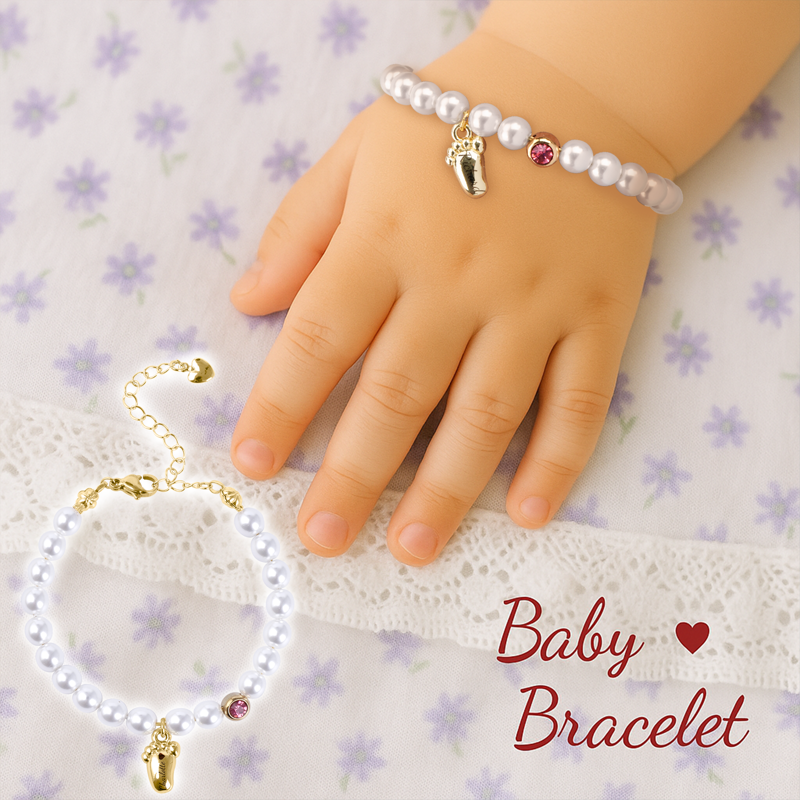 Personalized Baby Foot Birthstone Pearl Bracelet – Custom Name Keepsake