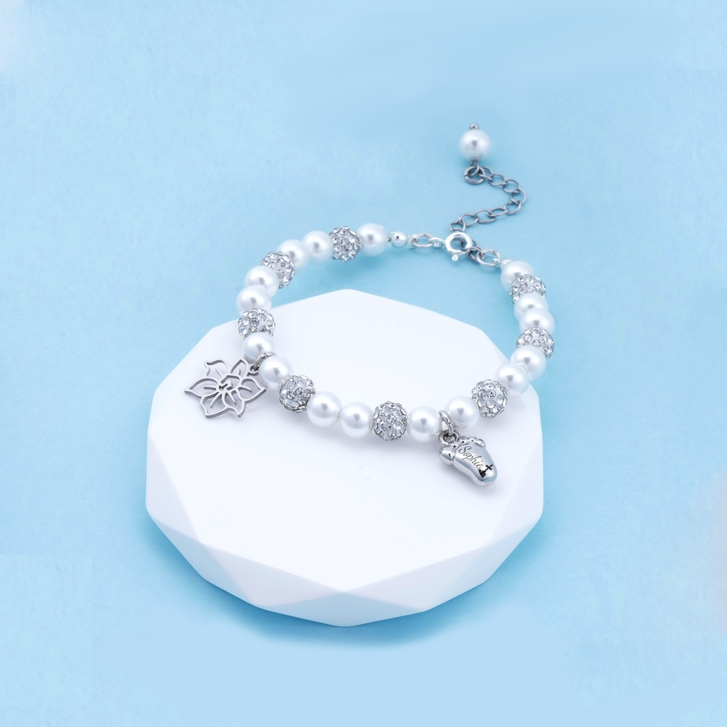 Personalized Birthday Flower & Foot Pearl Bracelet – Baby Name Gift