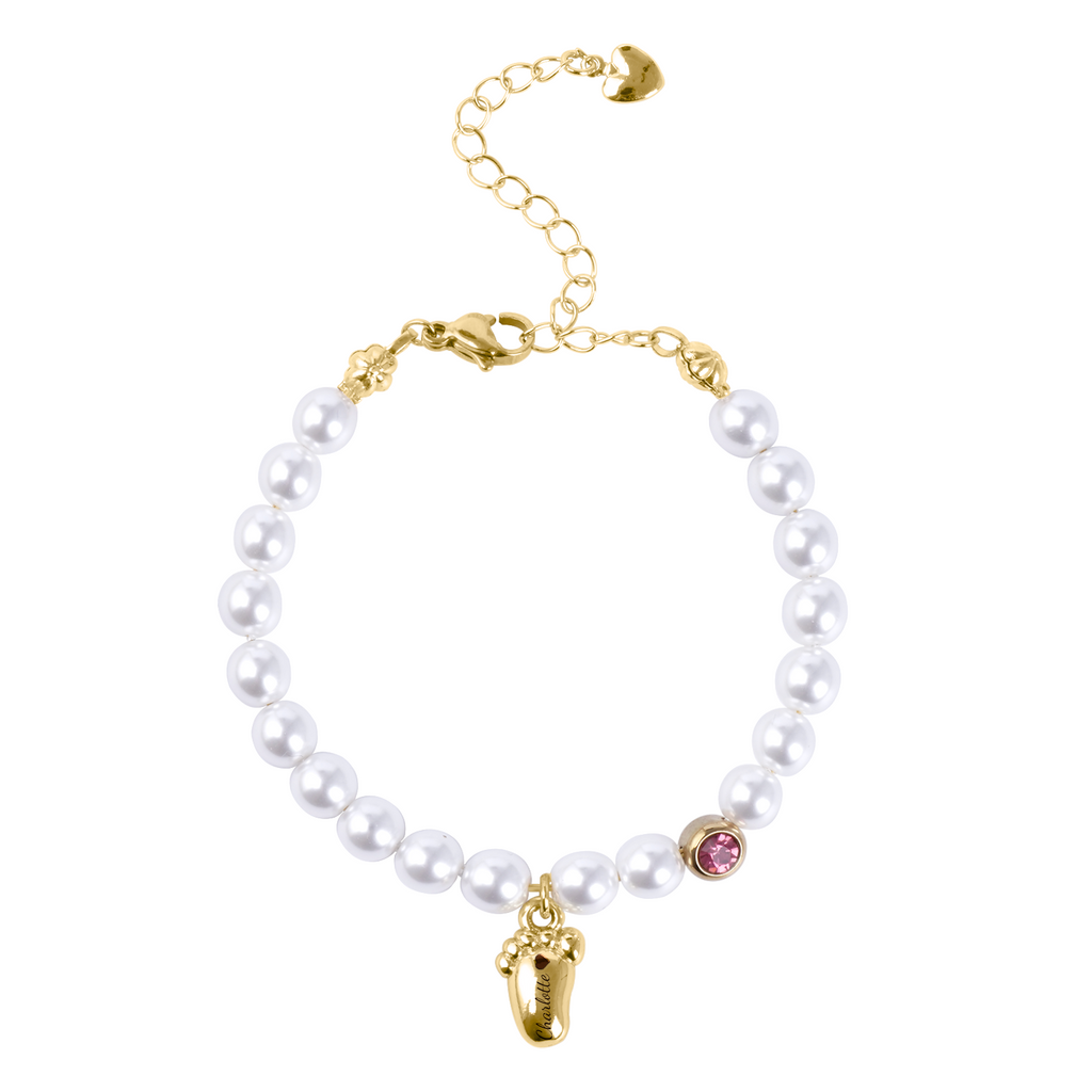 Personalized Baby Foot Birthstone Pearl Bracelet – Custom Name Keepsake