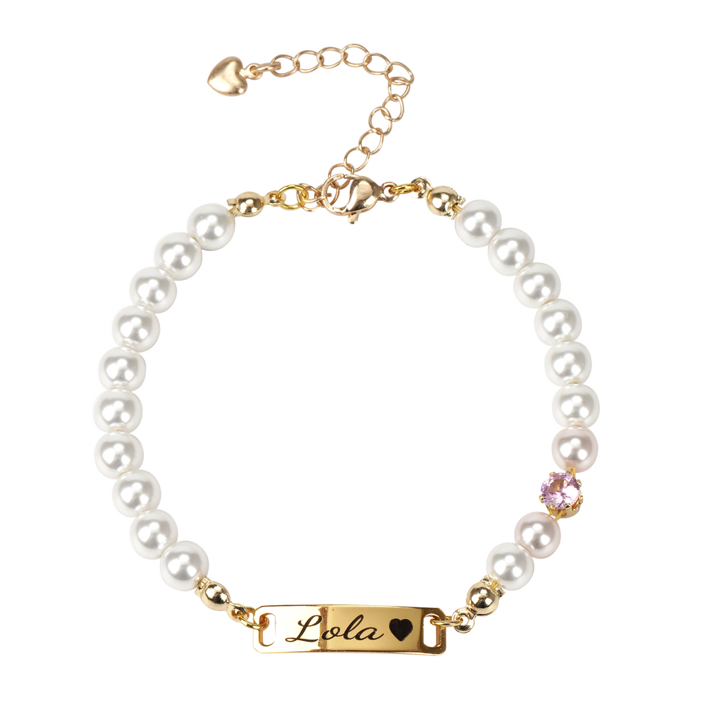 Personalized Baby Name Bracelet with Birthstone and Pearls – Custom Infant Jewelry