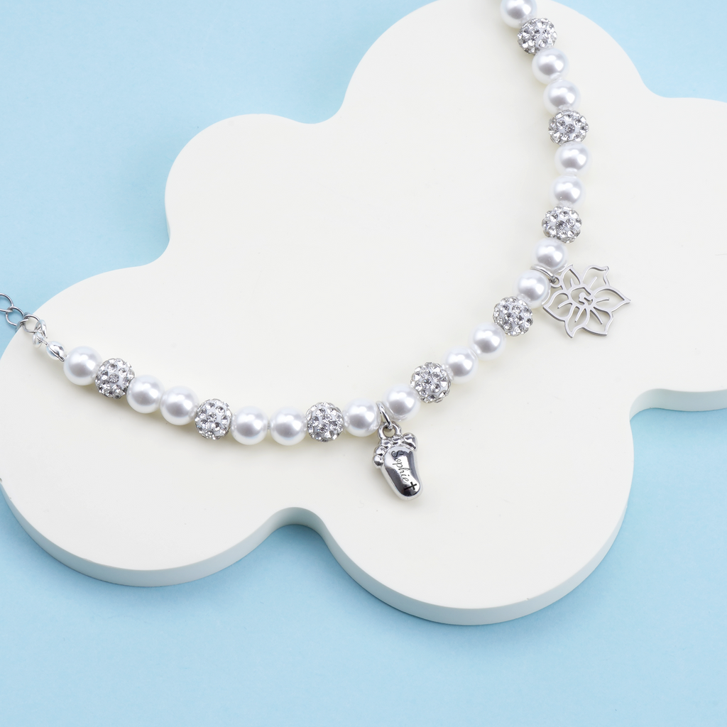 Personalized Birthday Flower & Foot Pearl Bracelet – Baby Name Gift