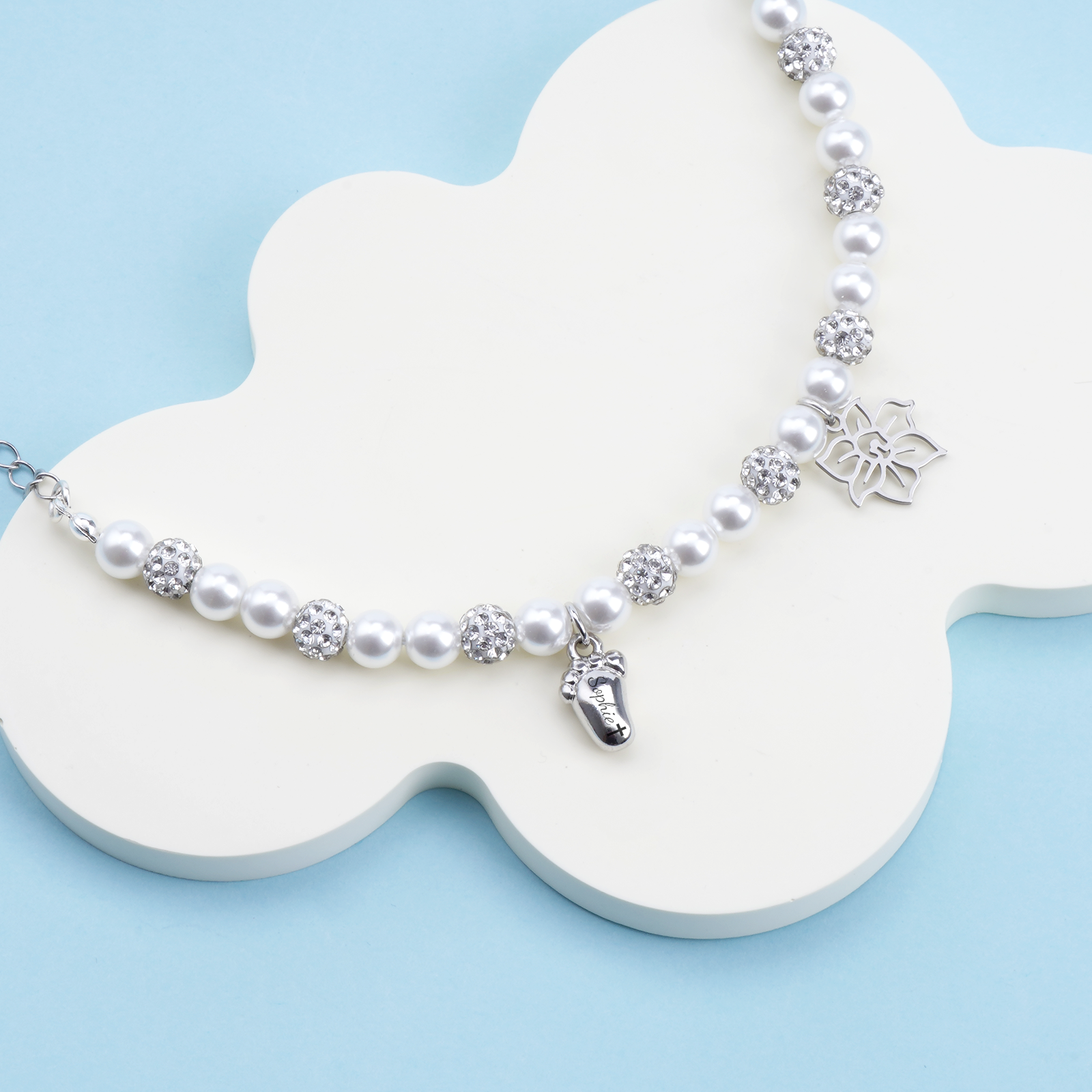 Personalized Birthday Flower & Foot Pearl Bracelet – Baby Name Gift
