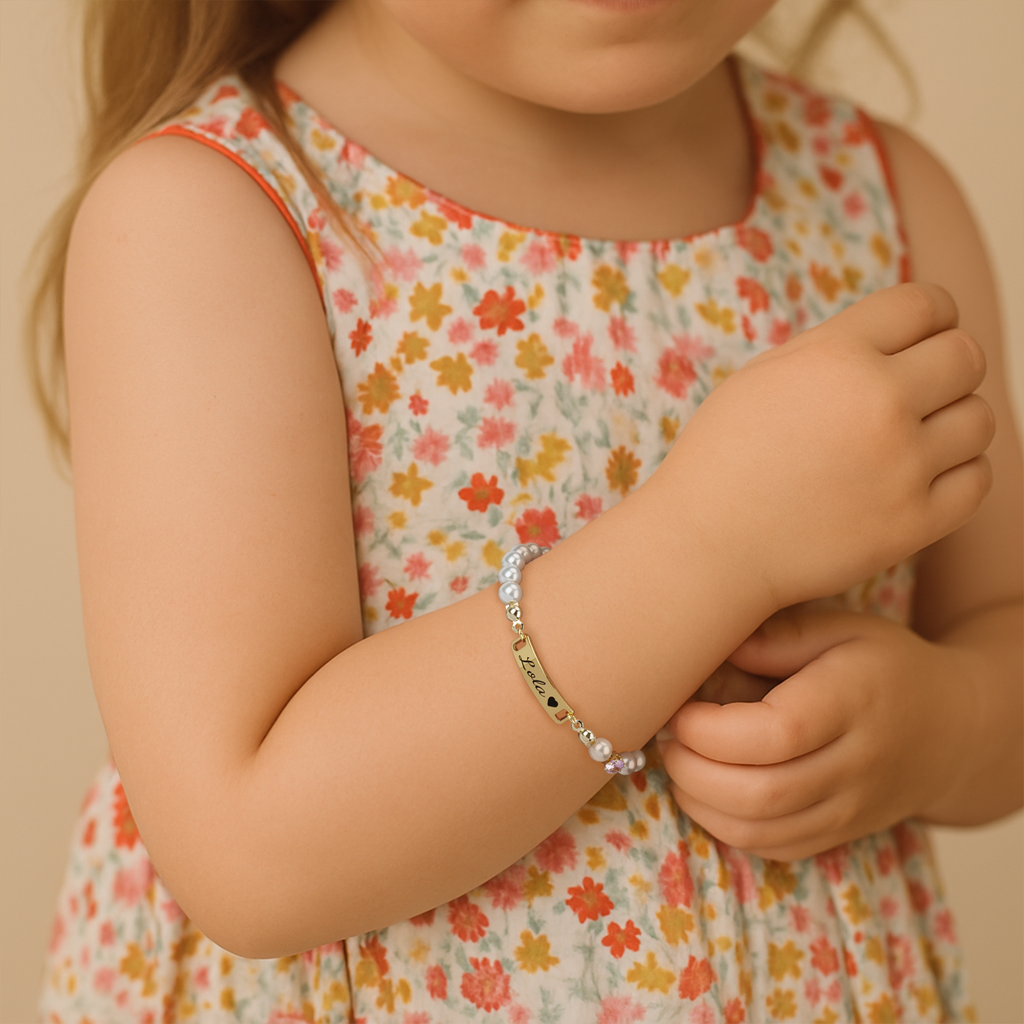 Personalized Baby Name Bracelet with Birthstone and Pearls – Custom Infant Jewelry