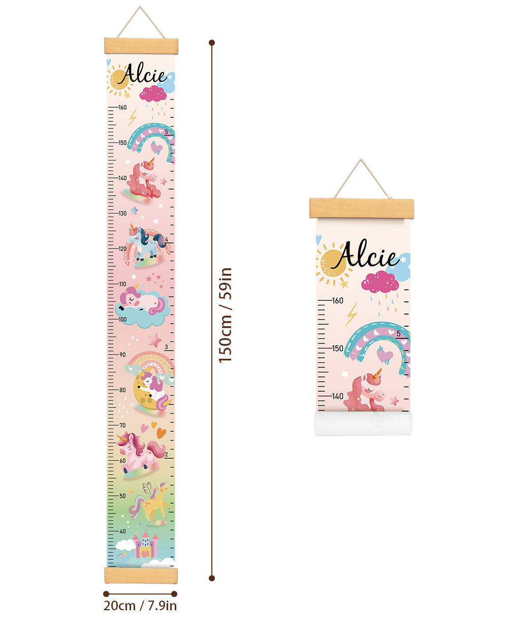 Personalised Unicorn and Rainbow Hanging Canvas Height Ruler