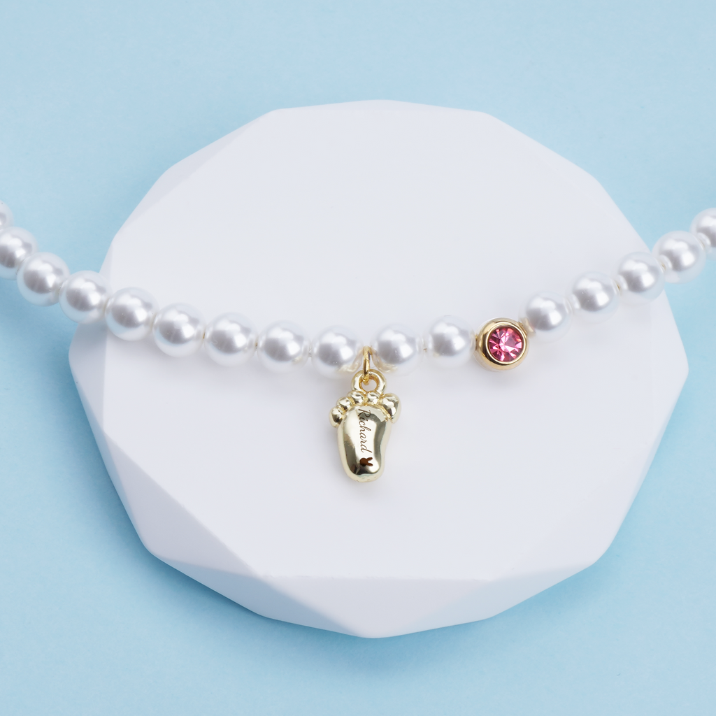 Personalized Baby Foot Birthstone Pearl Bracelet – Custom Name Keepsake