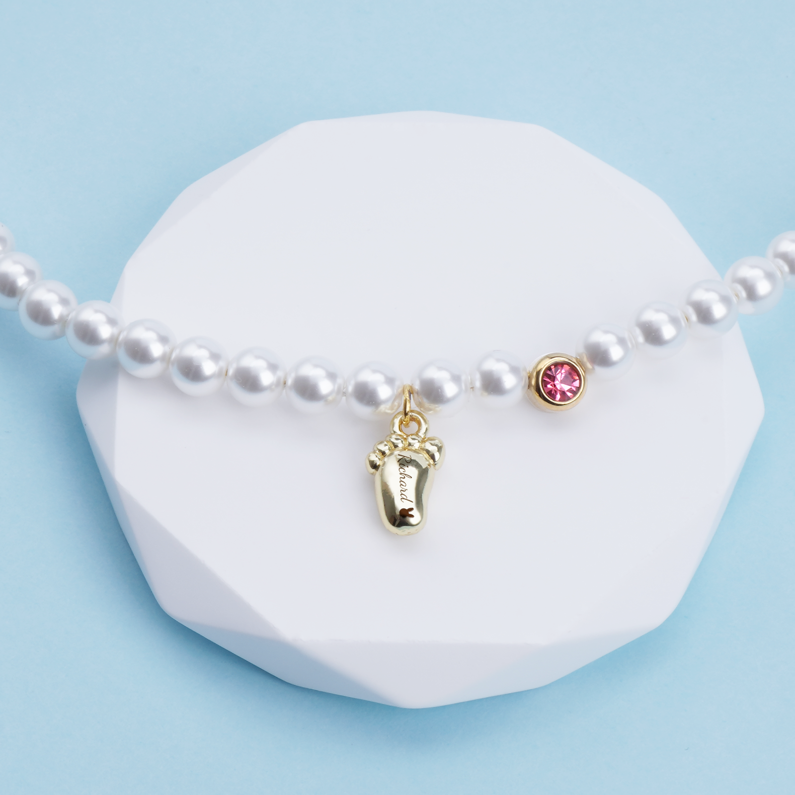 Personalized Baby Foot Birthstone Pearl Bracelet – Custom Name Keepsake