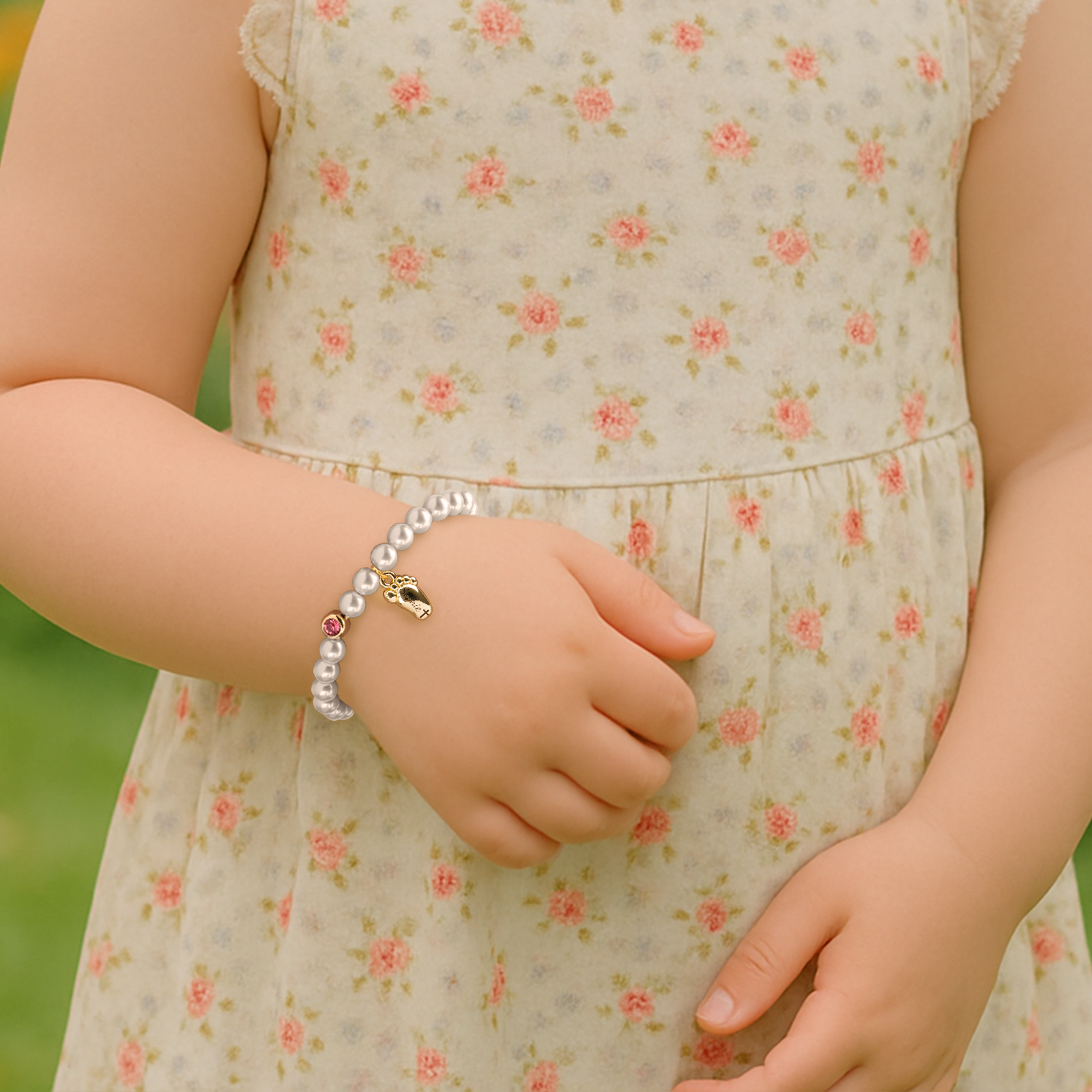 Personalized Baby Foot Birthstone Pearl Bracelet – Custom Name Keepsake