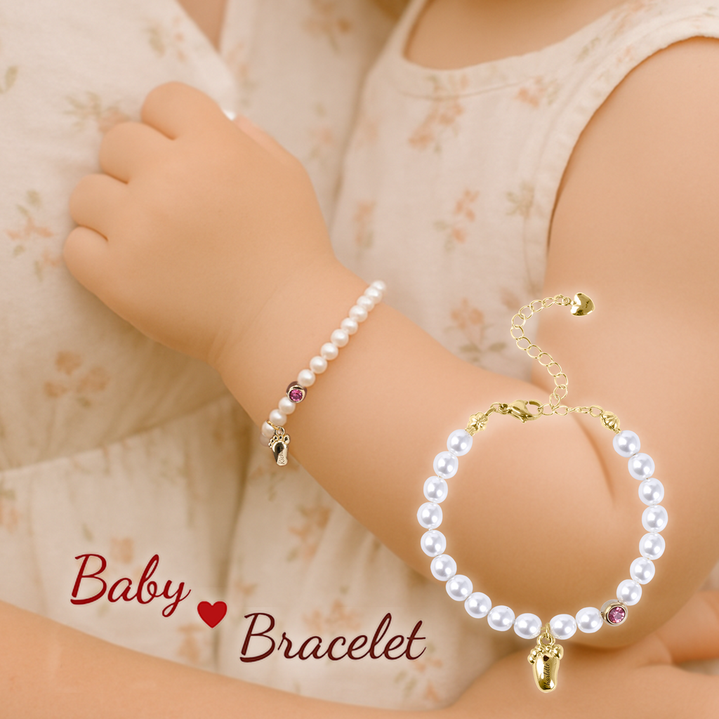 Personalized Baby Foot Birthstone Pearl Bracelet – Custom Name Keepsake