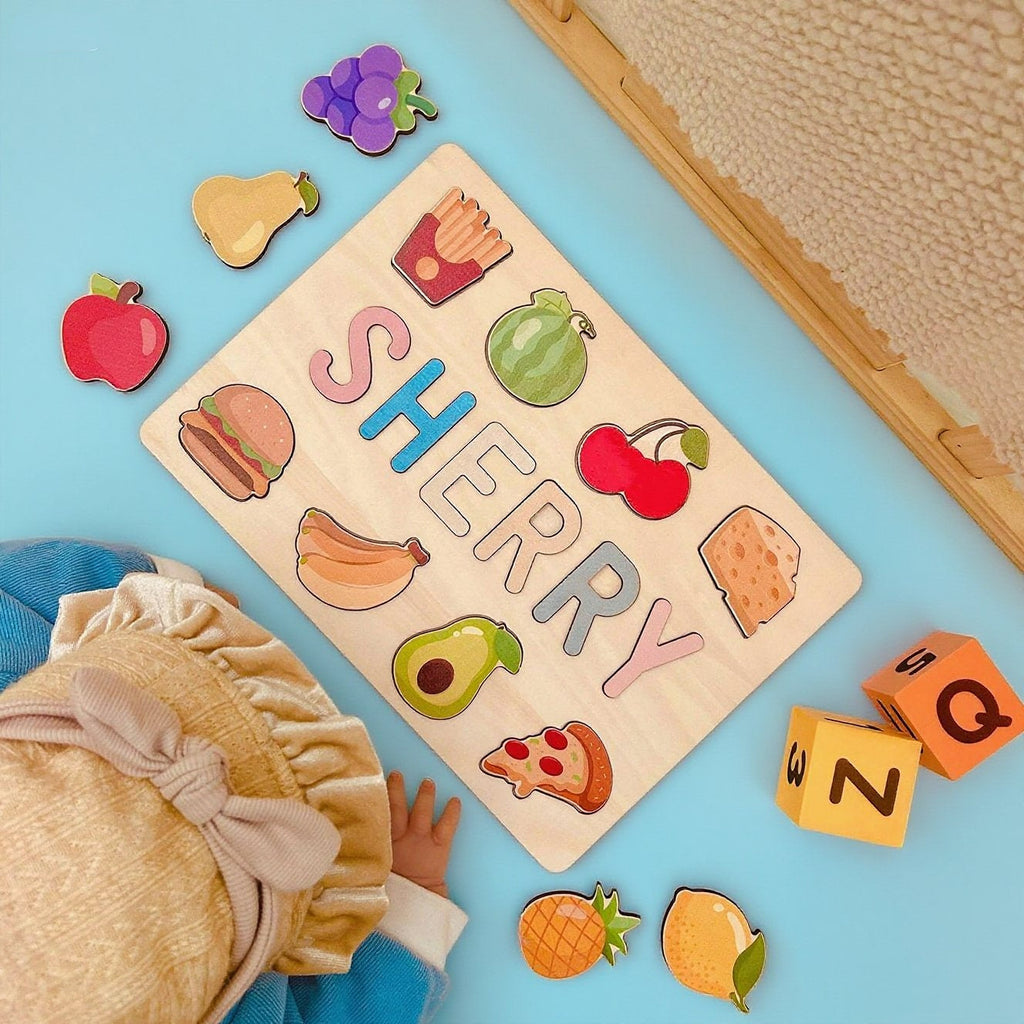 Personalized Wooden Name Puzzle with Food Shapes – Custom Learning Toy for Toddlers