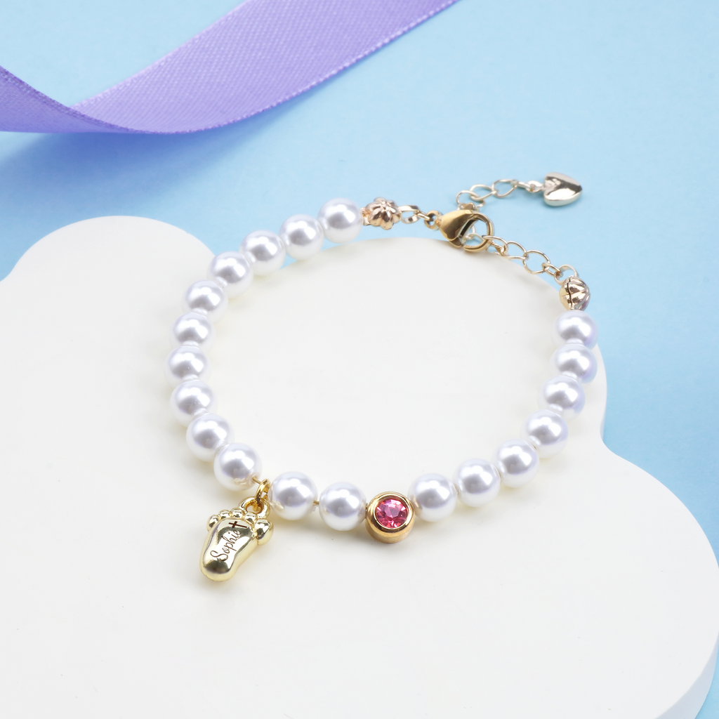 Personalized Baby Foot Birthstone Pearl Bracelet – Custom Name Keepsake