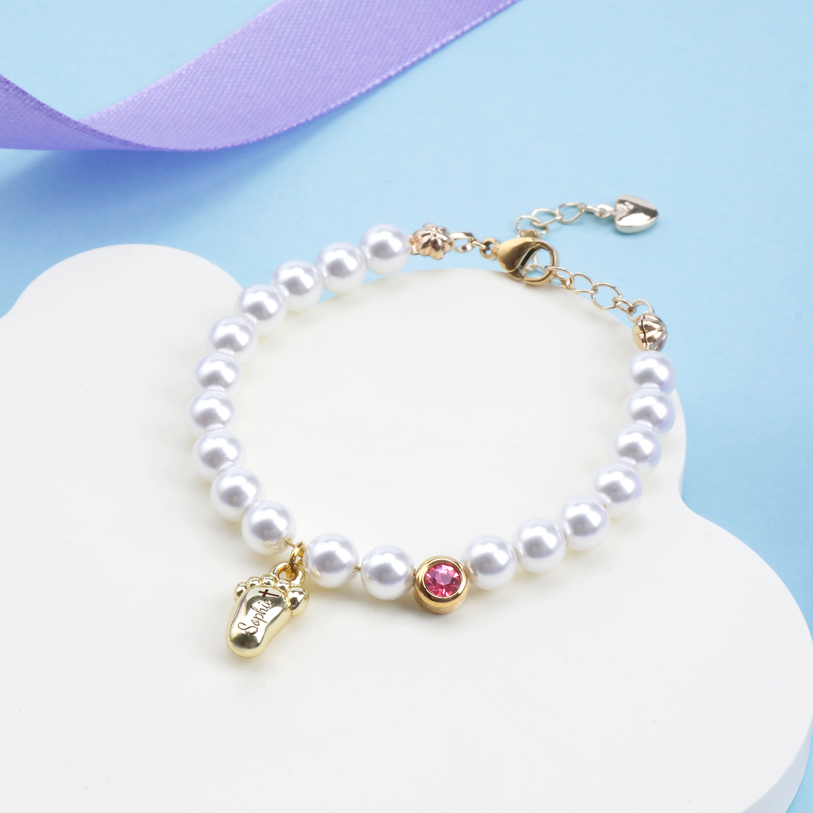 Personalized Baby Foot Birthstone Pearl Bracelet – Custom Name Keepsake