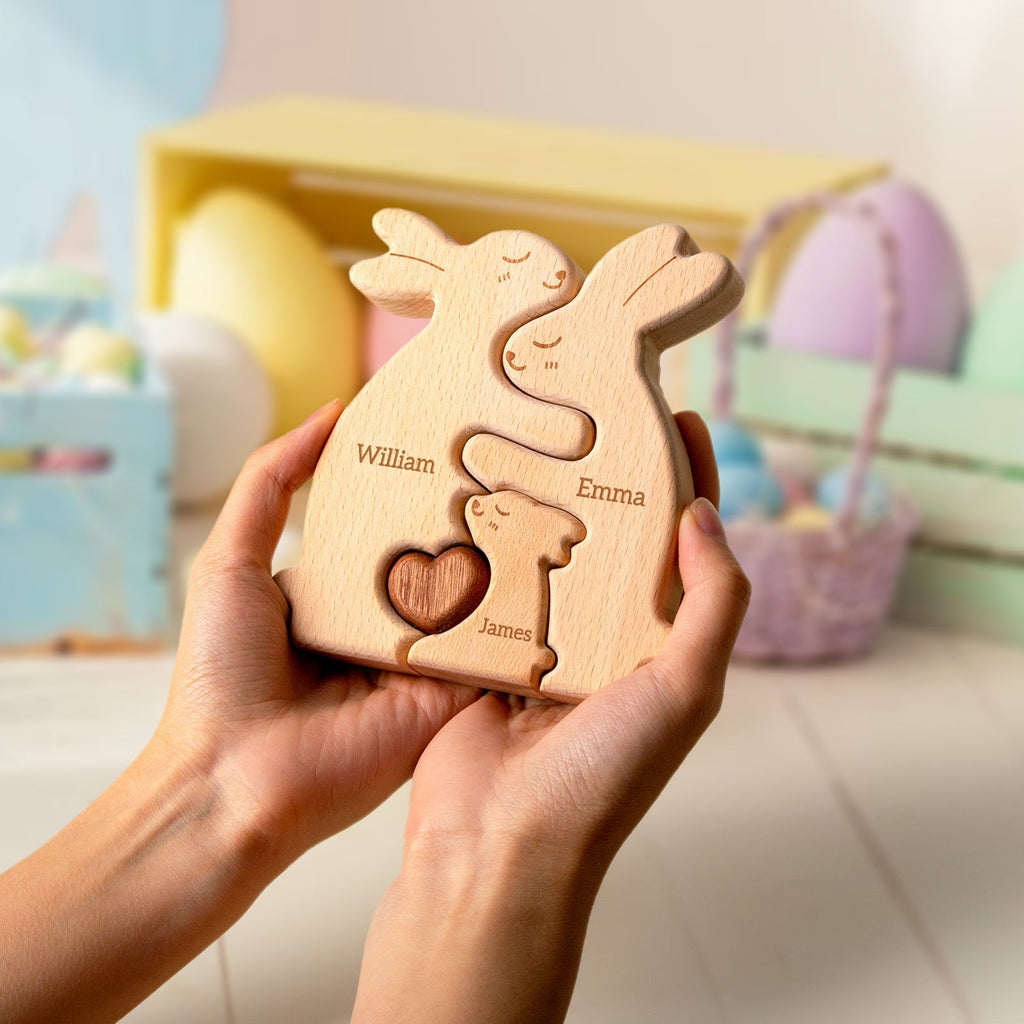Personalized Wooden Rabbit Family Puzzle Decor