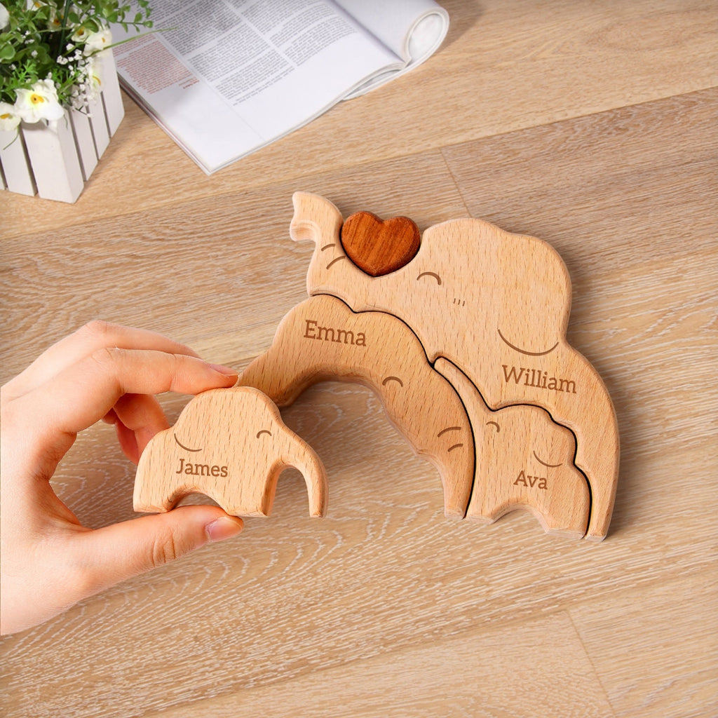 Personalized Wooden Elephant Family Puzzle Decor