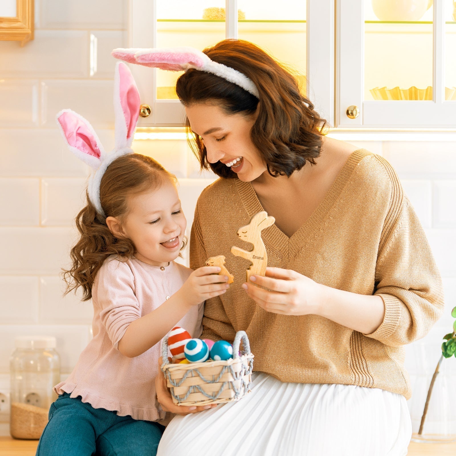 Personalized Wooden Rabbit Family Puzzle Decor