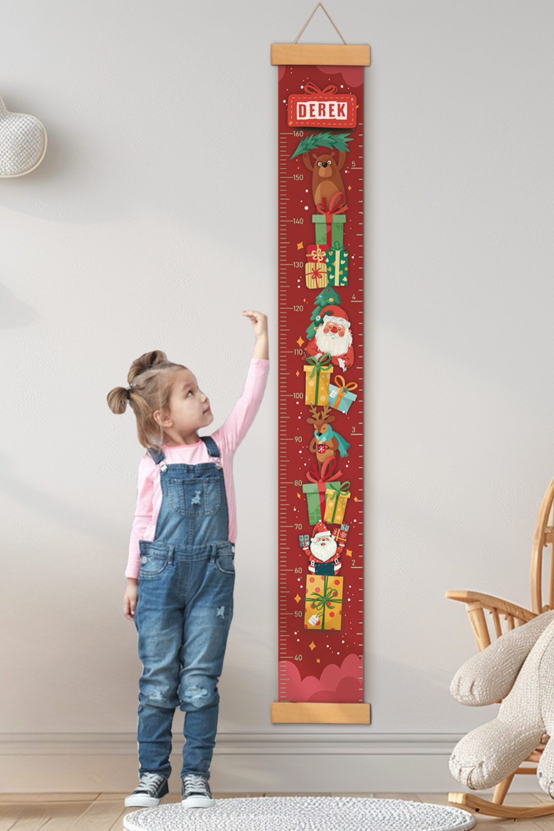 Personalized Santa Claus and Gift Box Hanging Canvas Height Ruler