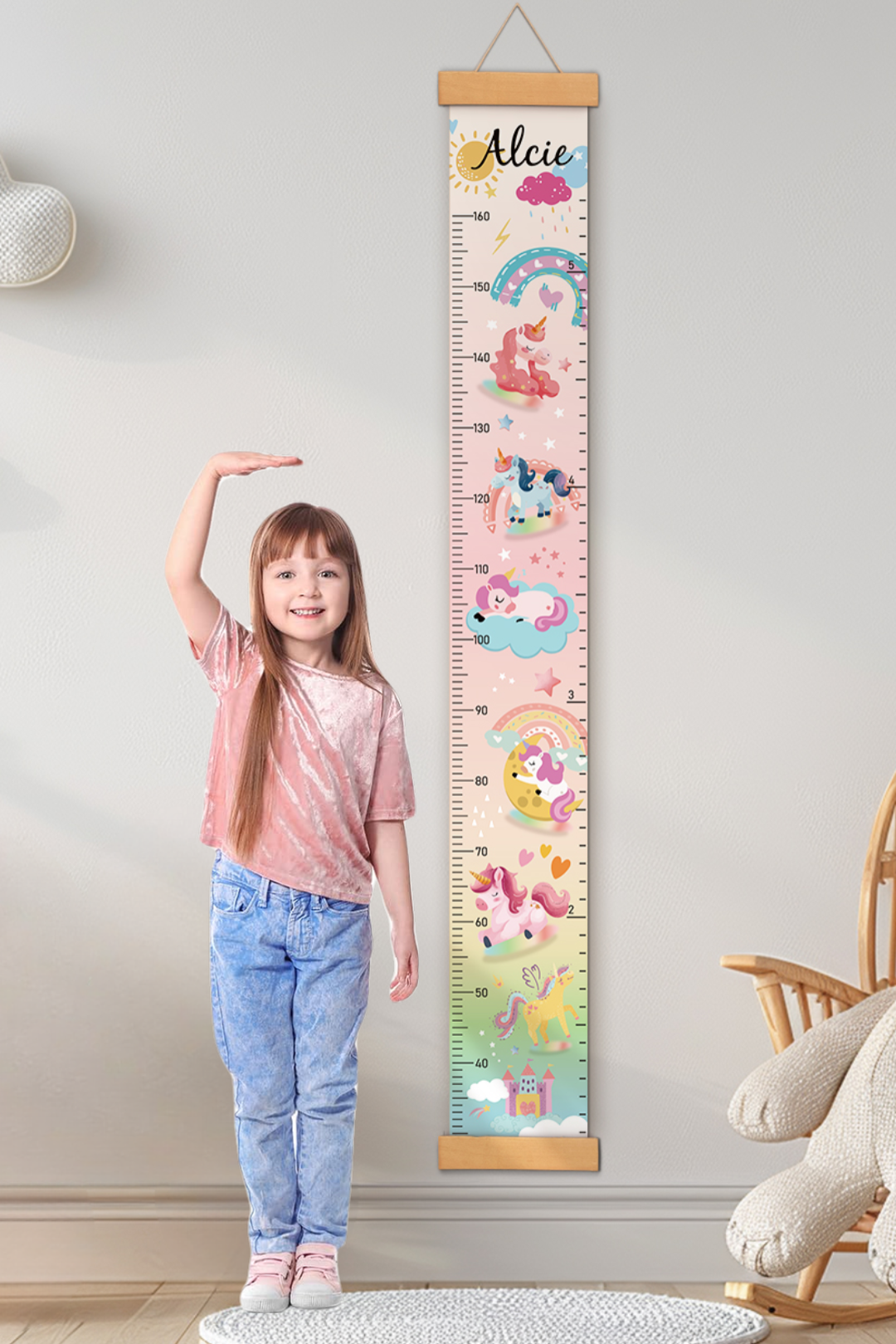 Personalised Unicorn and Rainbow Hanging Canvas Height Ruler