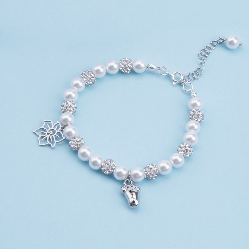 Personalized Birthday Flower & Foot Pearl Bracelet – Baby Name Gift