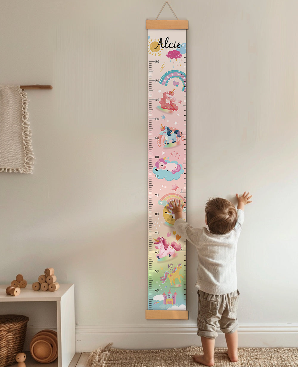Personalised Unicorn and Rainbow Hanging Canvas Height Ruler