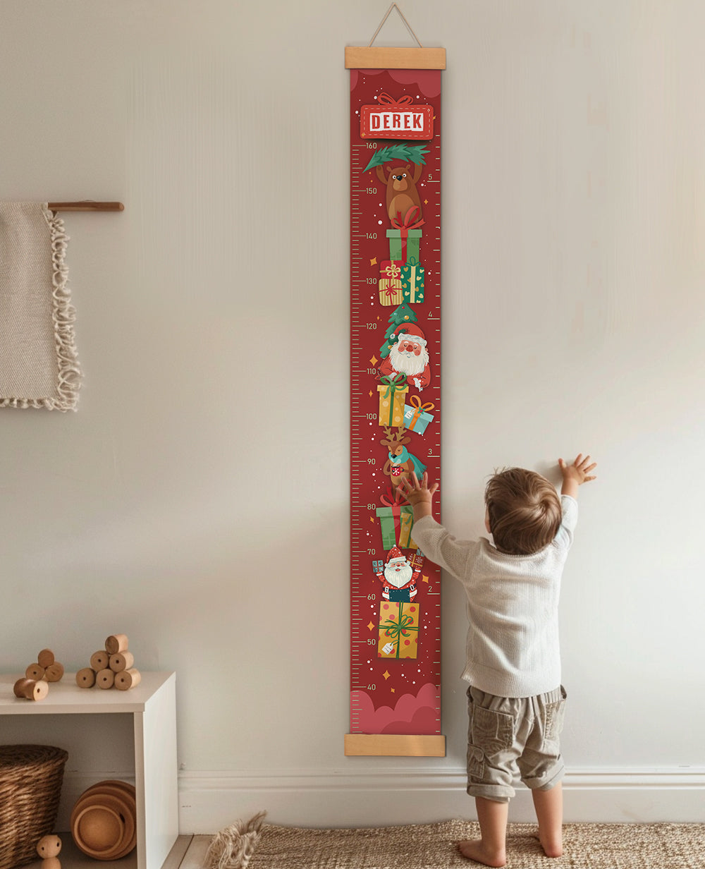 Personalized Santa Claus and Gift Box Hanging Canvas Height Ruler