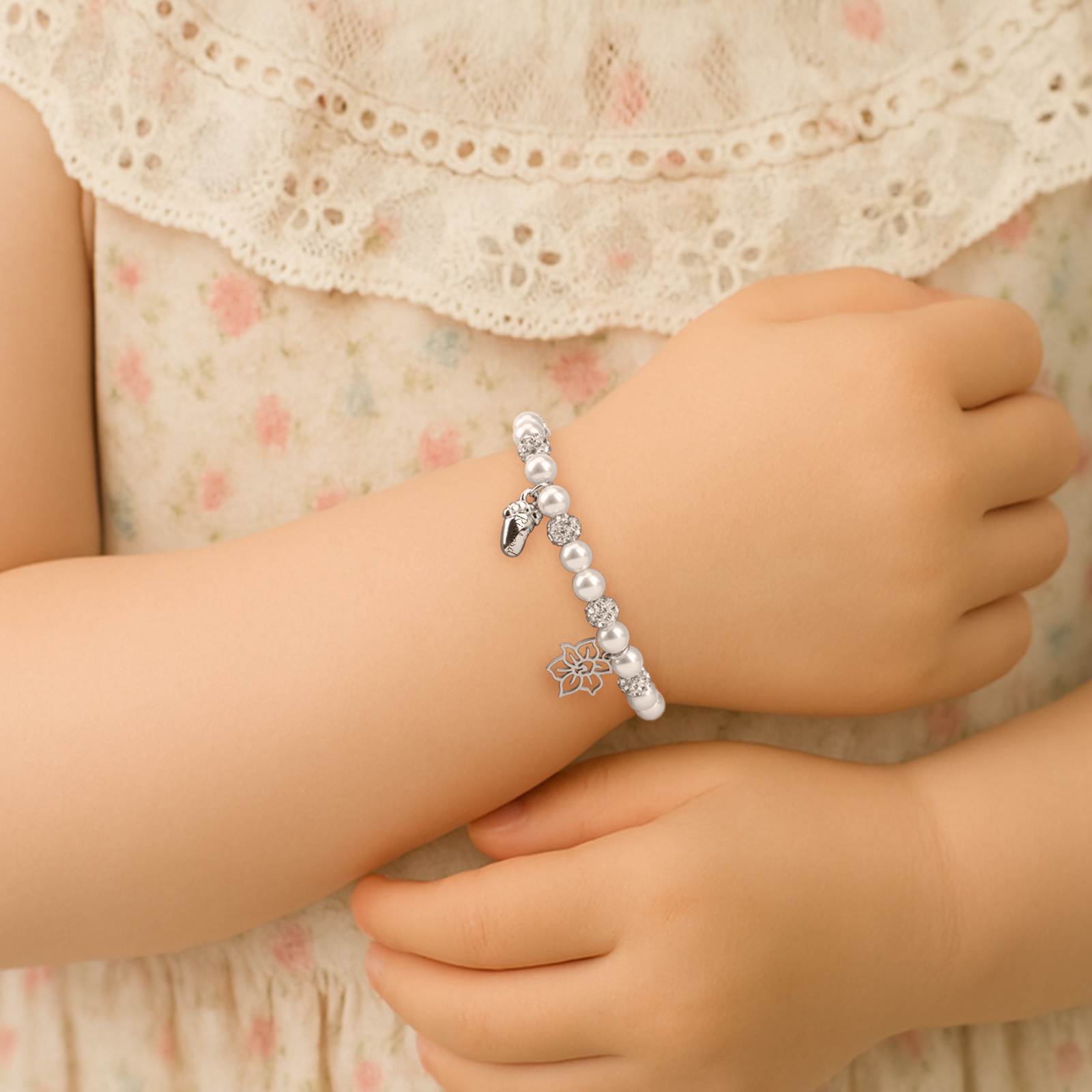 Personalized Birthday Flower & Foot Pearl Bracelet – Baby Name Gift
