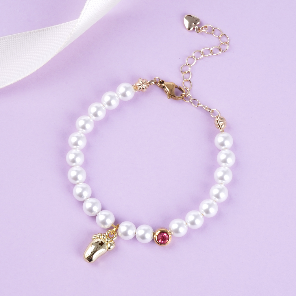 Personalized Baby Foot Birthstone Pearl Bracelet – Custom Name Keepsake