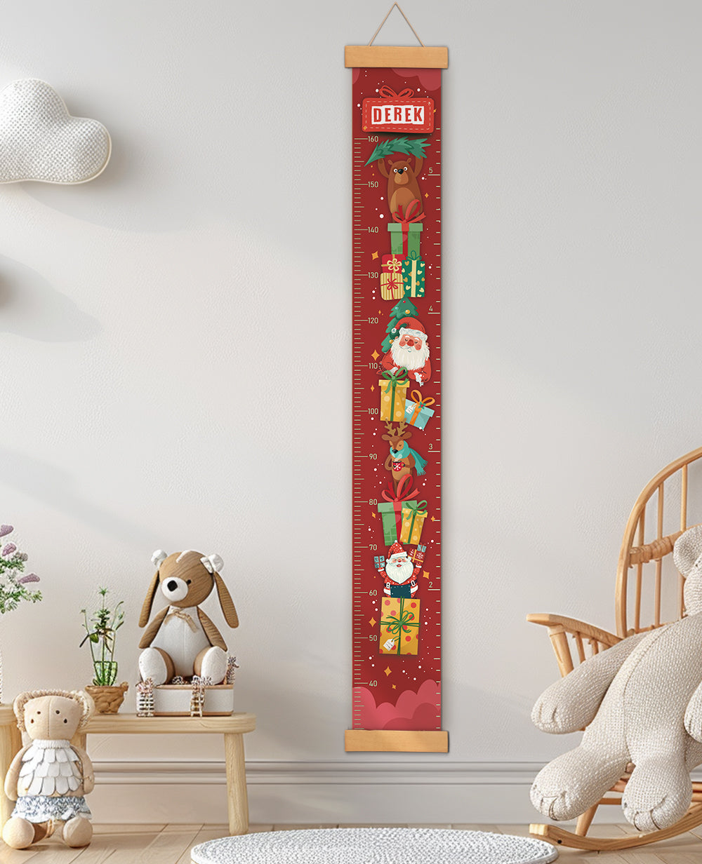 Personalized Santa Claus and Gift Box Hanging Canvas Height Ruler