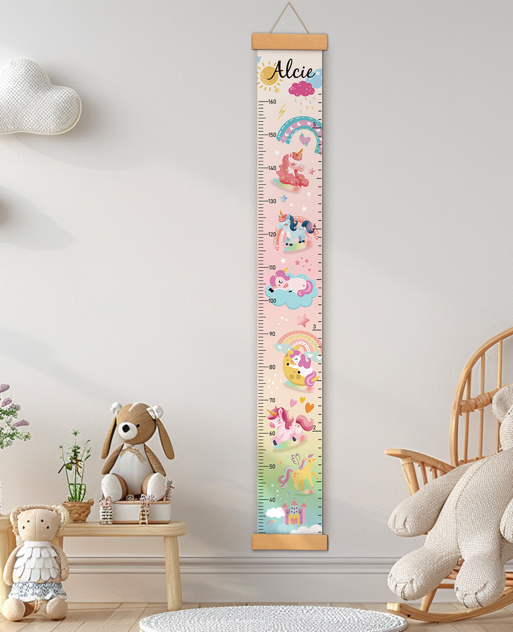 Personalised Unicorn and Rainbow Hanging Canvas Height Ruler